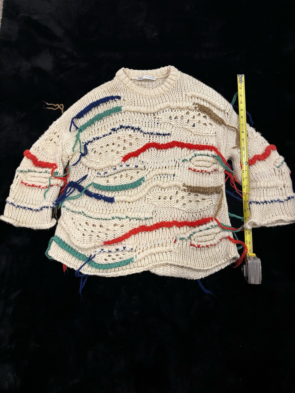 Zara Cream Crewneck Sweater with Red, Blue, Green & Tan Accents